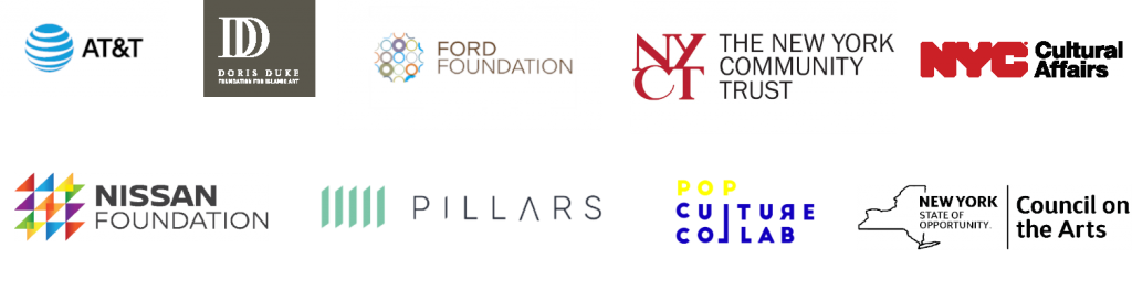 Logos of the Muslims in Brooklyn Project funders, including AT&T, Doris Duke Foundation, The Ford Foundation, The New York Community Trust, NYC Cultural Affairs, Nissan Foundation, Pillars, Pop Culture Collab, and the NY State Council on the Arts.