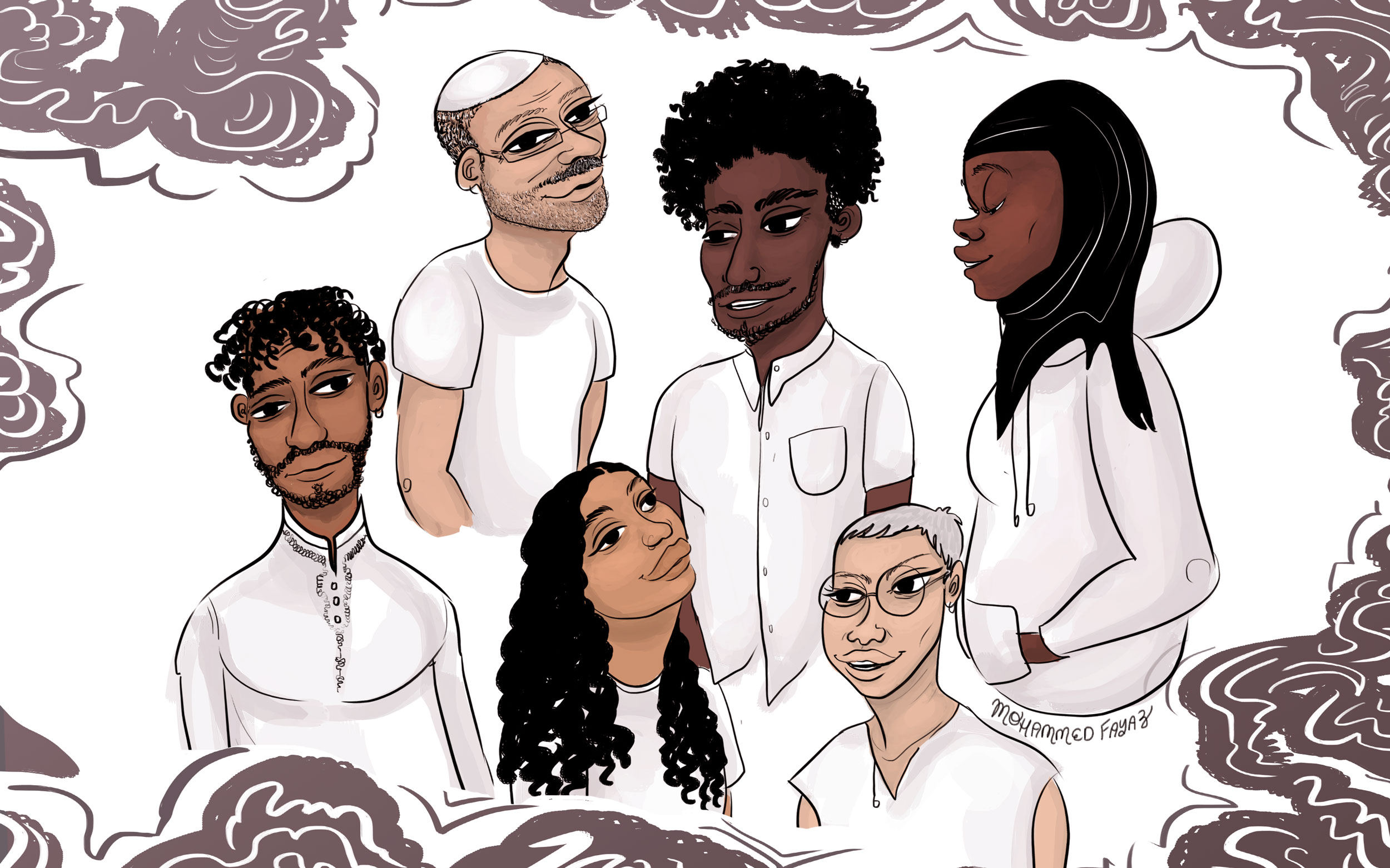 An illustration of 6 people wearing white, each has a welcome expression representing the Muslims in Brooklyn project. Illustrated characters from left to right: brown skin male presenting with short curly hair and a button up fancy shirt, light brown skin male presenting with glasses, t-shirt and Taqiyah (cap), honey skin female presenting with long wavy black hair, dark brown skin male presenting with thick eyebrows, and a short sleeved button up shirt, light skin non-binary presenting with glasses and short white hair, dark brown skin female presenting's side profile in a hoodie with a black hijab.